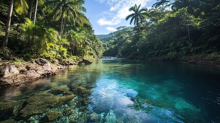 Naklejka premium Tropical river, clear water, jungle, sunlit, calm, travel brochure