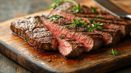 Grilled steak with herbs on wooden board. Culinary and restaurant menu photography