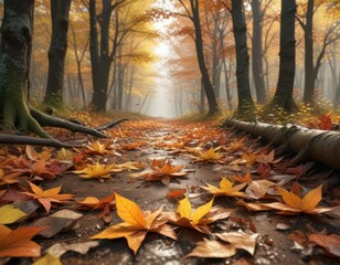 Fototapeta premium An autumn sheet of fallen leaves stretches across the forest floor, tree shedding, natural scene, leaf litter