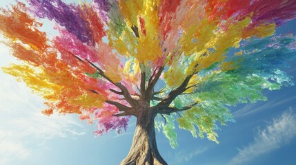Obraz premium Majestic Tree with Colorful Leaves Against Bright Sky Background