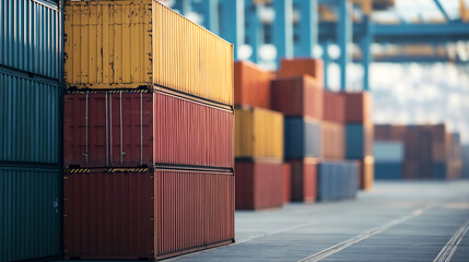 Fototapeta premium Stacked shipping containers in port facility. Global logistics and cargo transportation