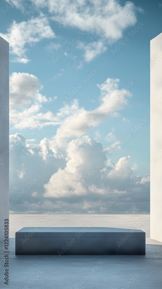 Poster a podium set in front of a vast, open sky with soft clouds and gentle light casting long shadows acr