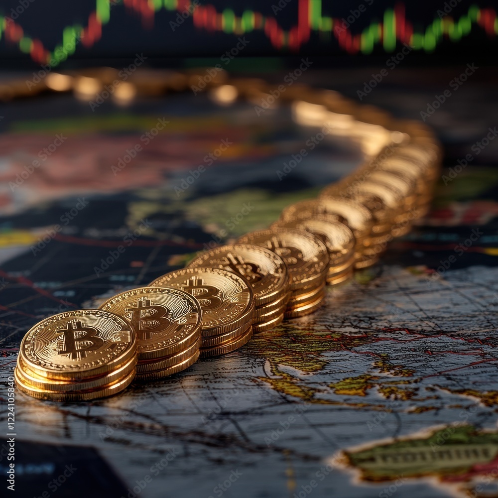 Poster bitcoin coins on map with financial chart background