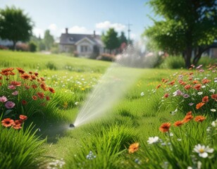 A sprinkler nozzle spraying water high into the air amidst a blanket of vibrant green grass and flowers, creating a refreshing mist on a warm sunny day, water spray effect,  refreshing atmosphere