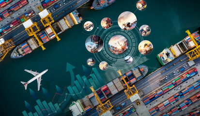 Aerial view and top view cargo plane flying above ship port coverage world map import-export business and logistics international goods. Shipping cargo to harbor by crane