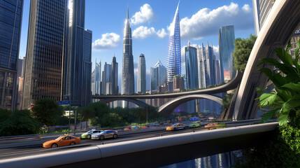 Futuristic Urban Skyline at Dusk Featuring Modern Skyscrapers and Autonomous Vehicles