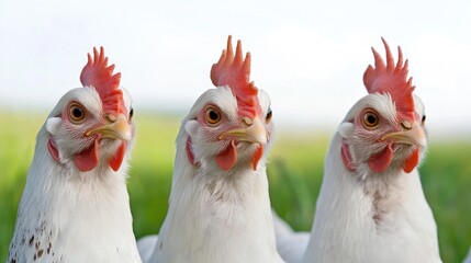 Naklejka premium Three white hens in a grassy field. Farm poultry close-up for agriculture or food websites