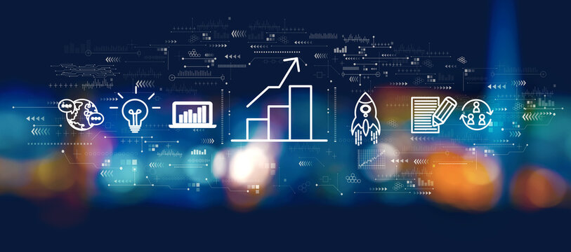 Business growth analysis with blurred city lights at night