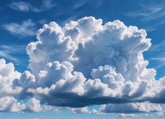 A stunning blue sky with layered cumulus clouds against a bright blue background in the spring season, nature photography, cloudy sky