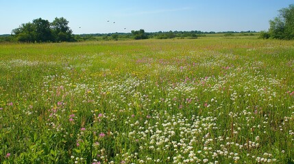 Fototapeta premium Lively White Clover Blooms Create a Colorful Tapestry in Prairie Ecosystems, Attracting a Harmonious Buzz of Insects and Seamlessly Integrating into the Rich Fabric of Grasslands.