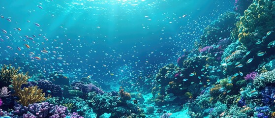 A stunning blue underwater scene with fish swimming in the coral, ocean, marine life, tropical, fish