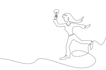 A cheerful teenage girl holding a light bulb symbolizing happiness, creativity, freedom, and ideas. Continuous one line hand drawn, Vector illustration with Editable stroke