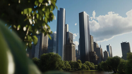 Futuristic Urban Skyline at Dusk Featuring Modern Skyscrapers and Autonomous Vehicles