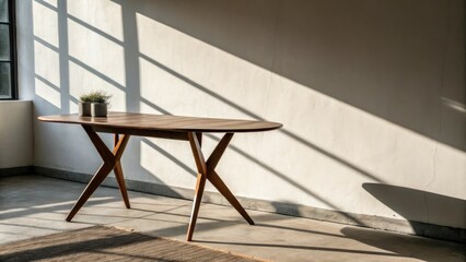 A stylish modern wooden table rests against a plain wall creating a dramatic shadow that stretches across the room, furniture arrangement, stylish modern wooden table, modern interior, plain wall