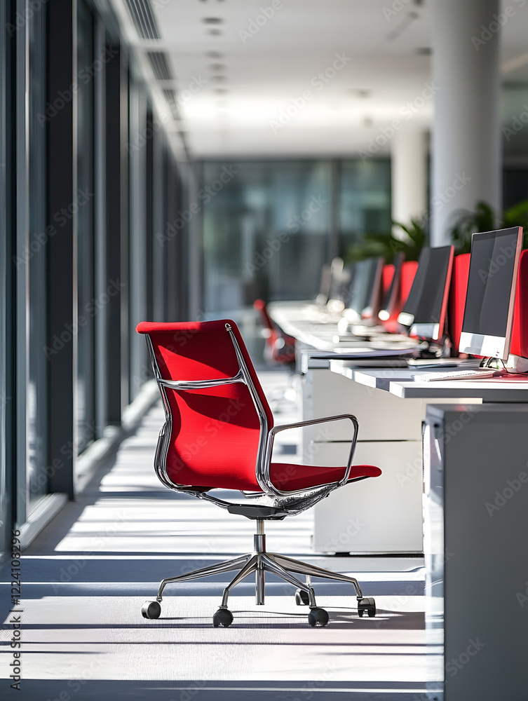 Poster modern sunlit office with red ergonomic chairs and desktop computers : generative ai