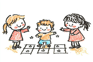 Cute children playing hopscotch with star shaped chalk