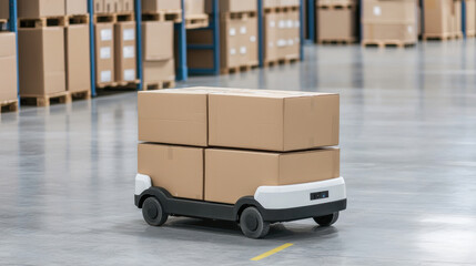 An automated cart transporting cardboard boxes in a modern warehouse setting, enhancing efficiency in logistics and distribution.