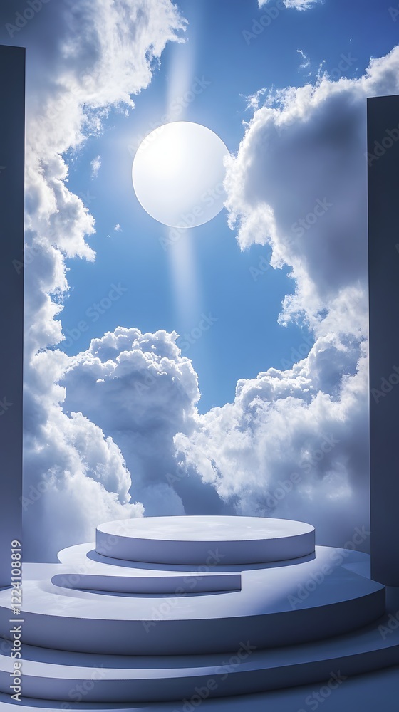 Poster A podium surrounded by smooth clouds, with the sun breaking through and creating rays of light across the scene