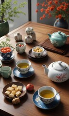 A table set with Japanese tea cups, teapot, and snacks with anime artwork decorations, decorations, traditional, table setting