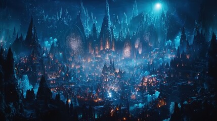 A glowing underwater cave filled with shimmering stalactites and intricate coral formations. A team of explorers carefully examines the space, their lights revealing ancient markings on the 