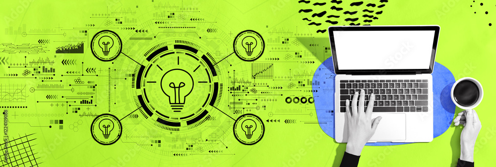 Poster idea light bulb theme with person using a laptop computer