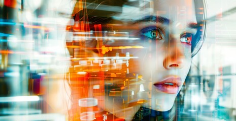 City business fashion travel photo collage capturing vibrant dynamic city scenes with city light lens flares and cinematic close up of woman model face banner. Generative AI