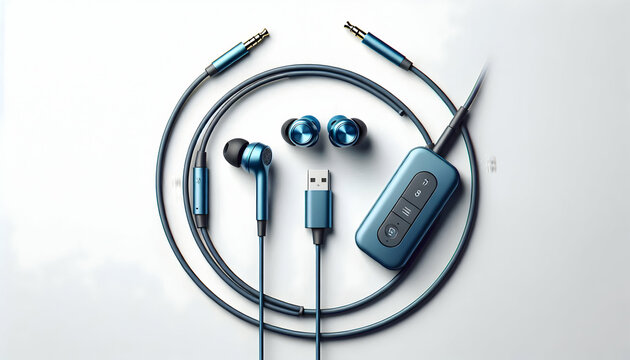 Gadget A top-down view of a pair of blue in-ear wired earphones with a USB-C connector and an in-line remot3