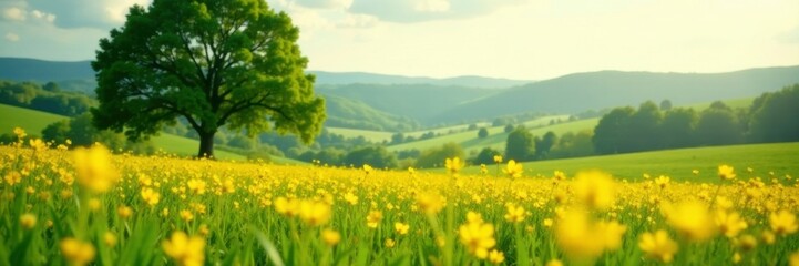 Obraz premium Soft yellow petals sway in the breeze against a backdrop of mature trees and rolling hills, green, field, breeze