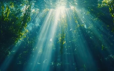 A serene kelp forest swaying gently in the ocean current, with divers capturing footage of hidden marine creatures. Beams of sunlight filter through the tall kelp, creating a peaceful yet exploratory 
