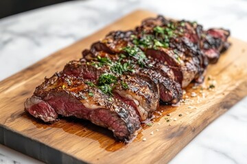 Barbecue grilled dry aged meat wagyu beef flank steak cut as tagliata on wooden board with text space