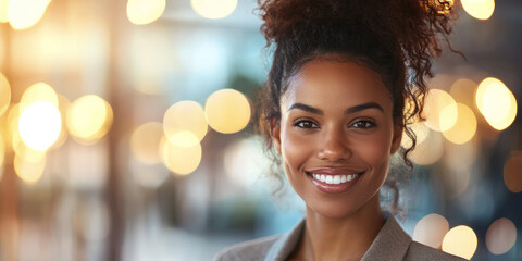 Portrait of a beautiful Black woman smiling, generative AI