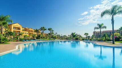 Fototapeta premium Luxury Swimming Pool in Opulent Hotel Resort Surrounded by Swaying Palm Trees and Set Against a Clear Blue Sky. Offers a Breathtaking Panoramic View of Sparkling Water, Creating an Idyllic Escape.
