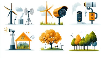 Monitoring air quality standards six environmental icons analyzing metrics in nature for enhanced environmental awareness