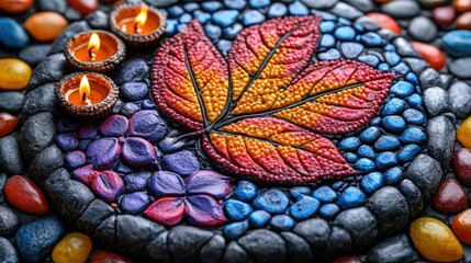 Autumnal Leaf and Candles Stone Mosaic Artwork