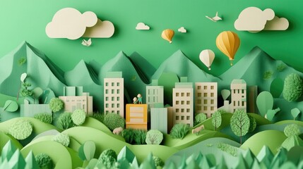 The environmental Paper cut out cityscape with green background. Trees, clouds, deer. Concept of urban ecology