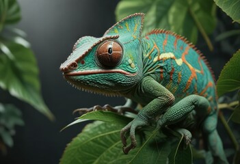 Obraz premium A veiled chameleon's body is partially hidden by the veins of a leaf, camouflage, forest