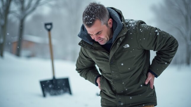 Close-up of a man bending slightly while holding his back, snow shovel in the background, snowy environment, overcast winter day, discomfort and fatigue visible