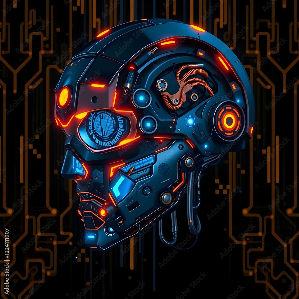 Poster a futuristic robot head with glowing blue circuits, digital grid pattern, and black background desig