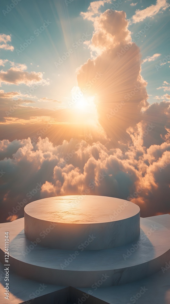 Aufkleber a podium surrounded by smooth clouds, with the sun breaking through and creating rays of light acros