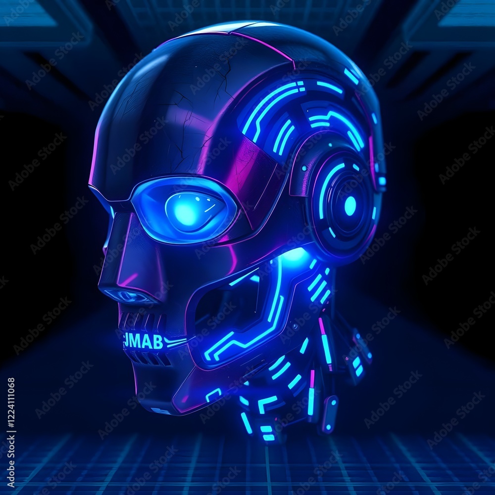 Poster a futuristic robot head with glowing blue circuits, digital grid pattern, and black background desig