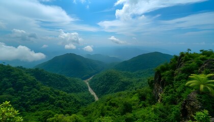 Obraz premium Majestic Mountain Vista: A Panoramic View of Lush Green Valley and River