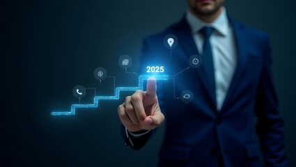businessman pushing a button on interface