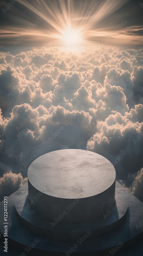 Poster a podium surrounded by smooth clouds, with the sun breaking through and creating rays of light acros
