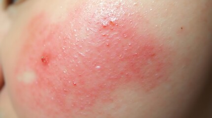 Fototapeta premium Close-up of red and white skin, visible contrast between irritated red patches and pale areas, natural texture of the skin, medical or health-related context 