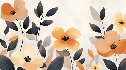 Soft Floral Pattern with Orange and Yellow Flowers and Green Leaves
