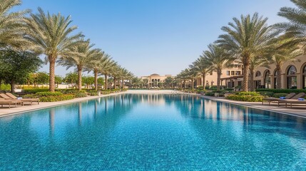 Fototapeta premium Luxury Swimming Pool in Opulent Hotel Resort Surrounded by Swaying Palm Trees and Set Against a Clear Blue Sky. Offers a Breathtaking Panoramic View of Sparkling Water, Creating an Idyllic Escape.