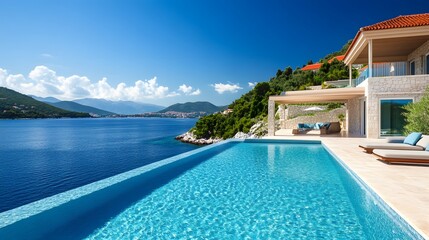 Fototapeta premium Luxury villa with infinity pool, relaxing environment by the water, tropical landscape with clear skies and mountains in view.