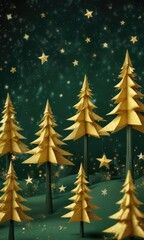 Obraz premium A whimsical arrangement of paper trees and stars on a dark green background adorned with shimmering space gold accents, ornamentation , trees