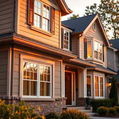 Naklejka premium Luxury House Exterior at Sunset: Captivating Home Design and Architecture