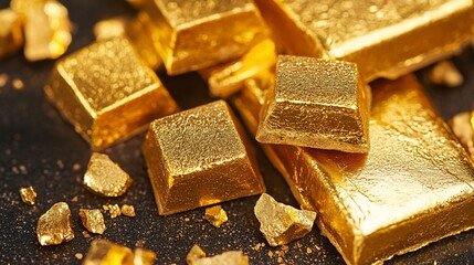Close-up of shiny gold bars and nuggets on dark background.